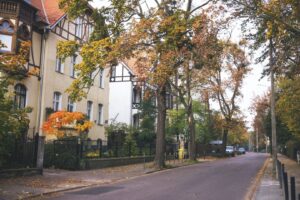Geschwungene, baumbestandene Straße mit historischen Häusern der Gartenstadt