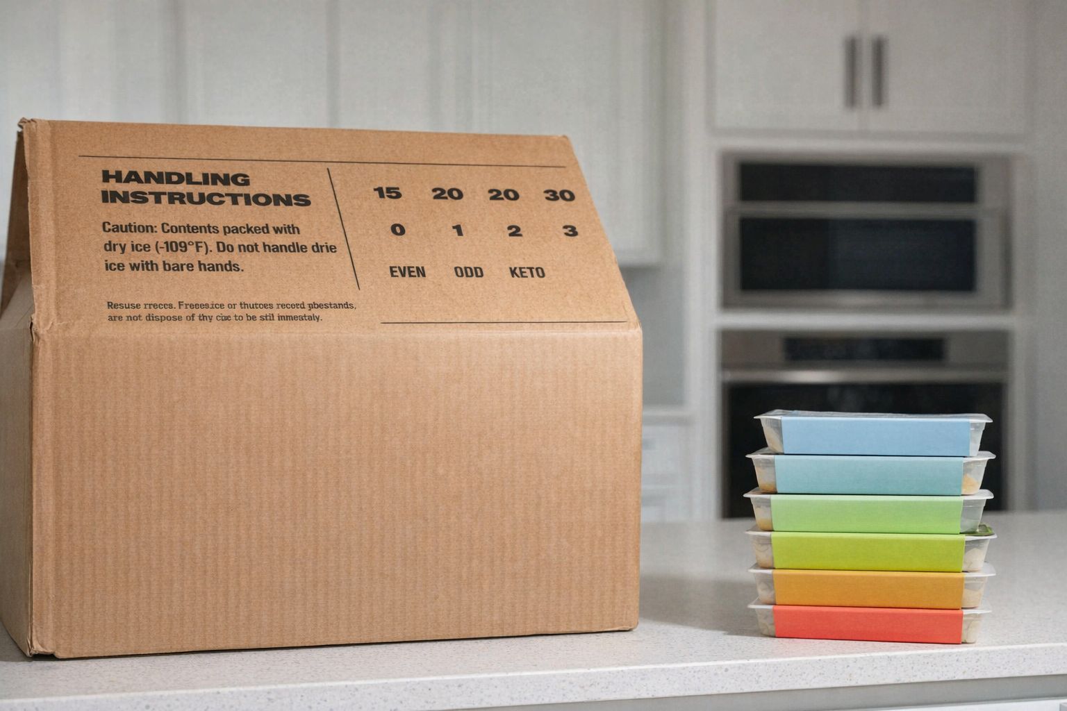 Ein großer Versandkarton und bunte Boxen auf einer Küchenzeile für den Modellversand.